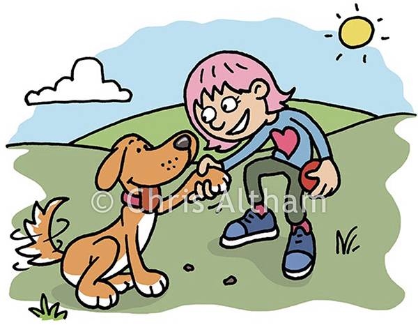 girl playing ball with her pet dog cartoon