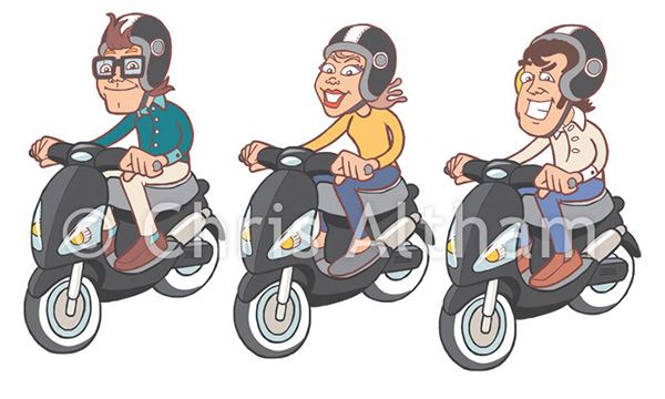 three Italian cartoon characters riding scooters / mopeds