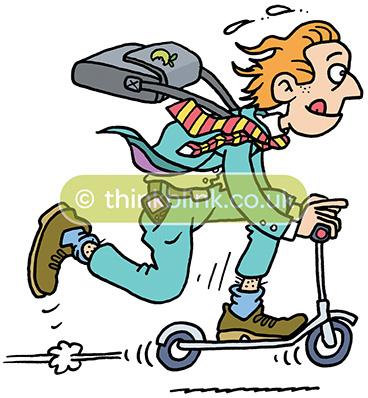 Adult riding scooter to work cartoon