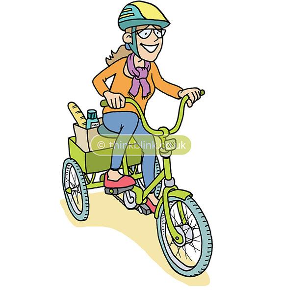 Lady riding tricycle cartoon
