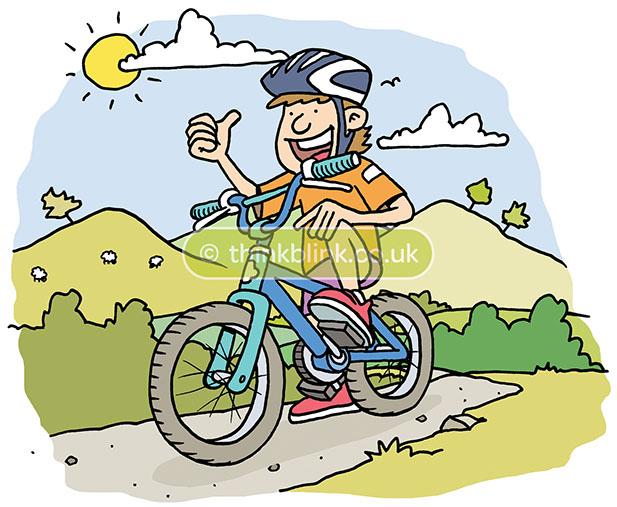 Young boy riding bike in park cartoon