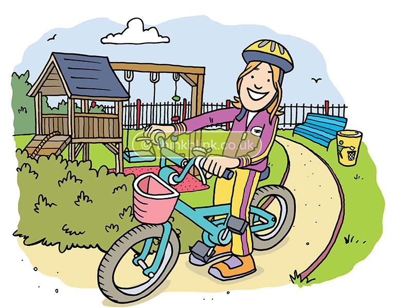 Cartoon of girl cycling in a park