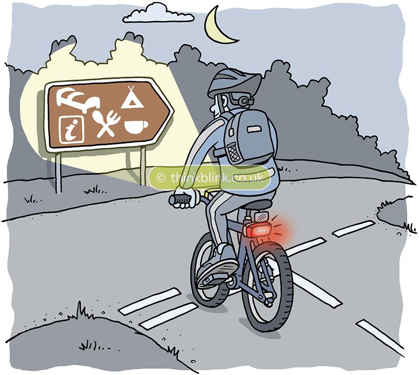 Riding bike at night with lights and reflectors fitted cartoon
