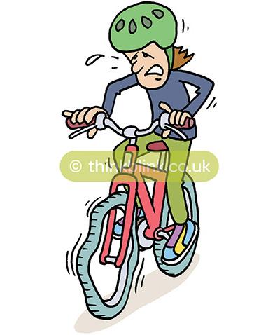Cartoon of cyclist with buckled front wheel